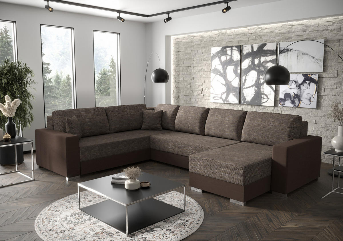 WOHNLANDSCHAFT Prado rechts mit Schlaffunktion und Bettzeugcontainer - Braun, Textil (314/88/210cm) - SIMKAM Furniture