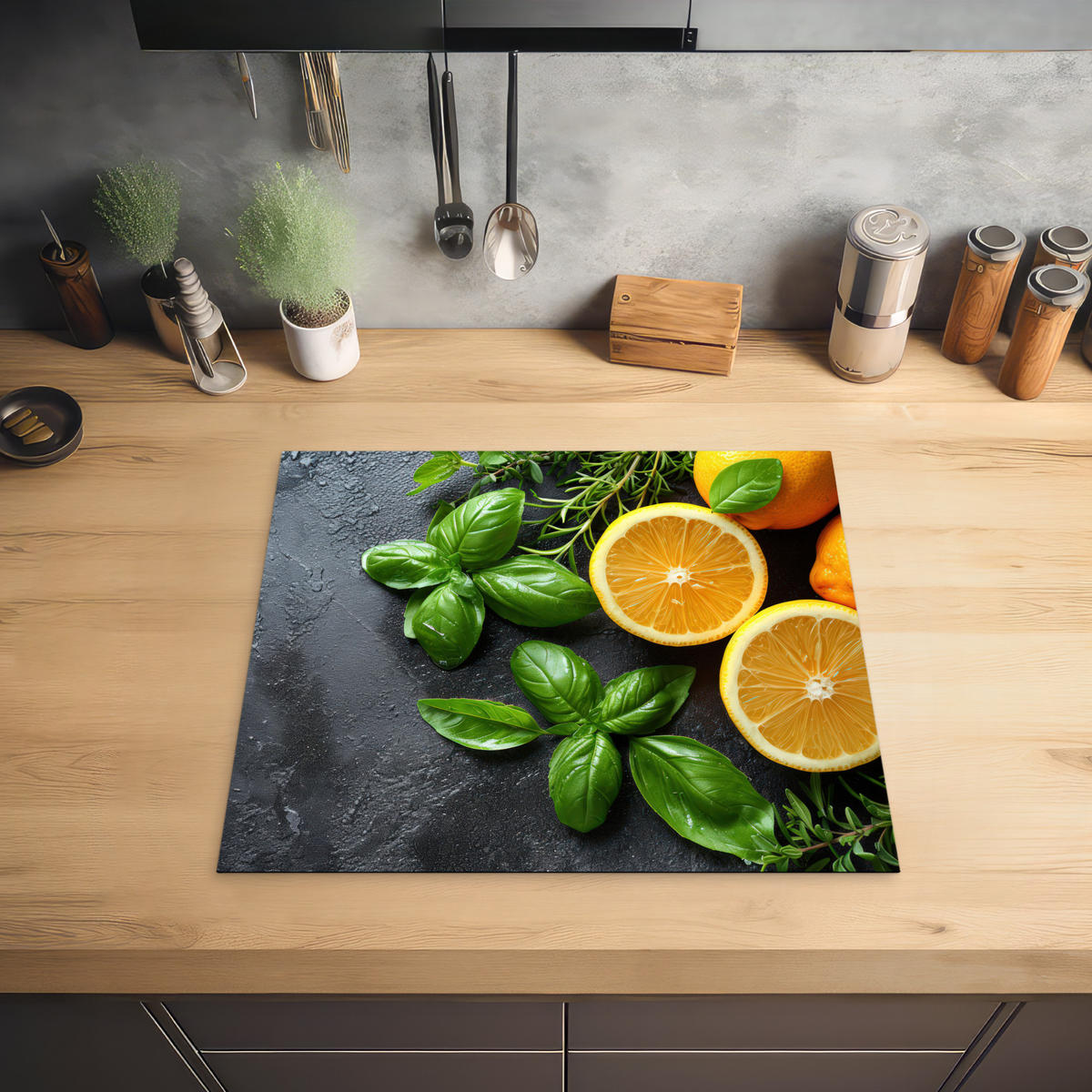 HERDABDECKPLATTE Obst - Grau - Konkret - Orange - Pflanzen Ceranfeldabdeckung 59x52 cm - Anthrazit, Kunststoff (59/52/0.2cm) - MuchoWow