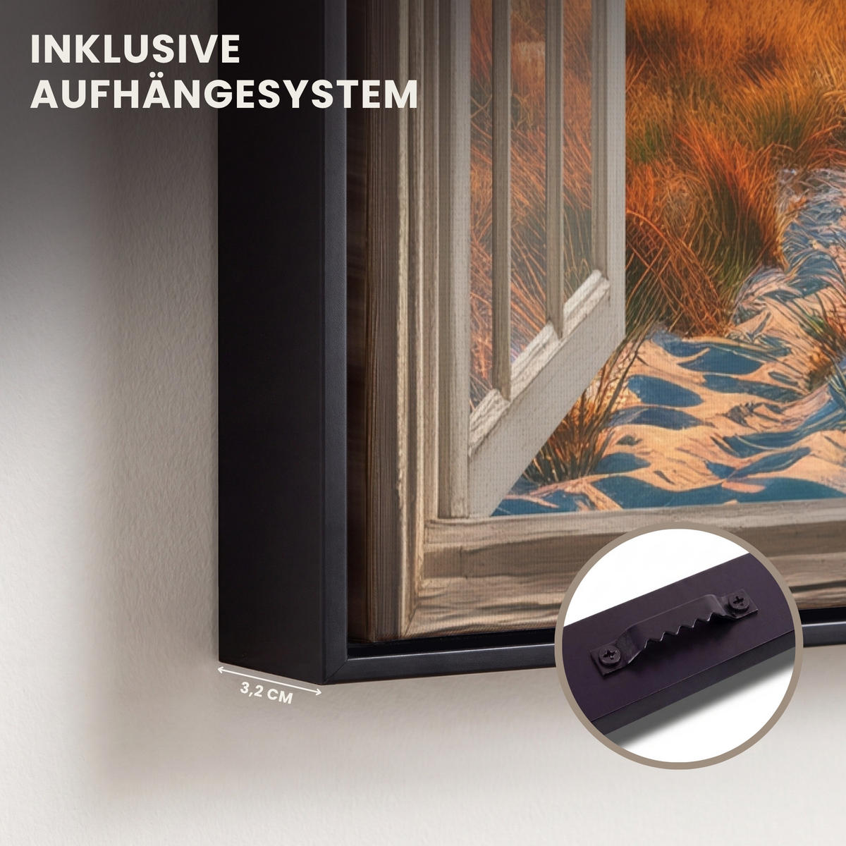 LEINWAND Bilder mit Rahmen - Aussicht - Fenster - Leuchtturm - Sonnenuntergang - Strand - 40x60 - Dunkelorange, Textil (40/60cm) - MuchoWow