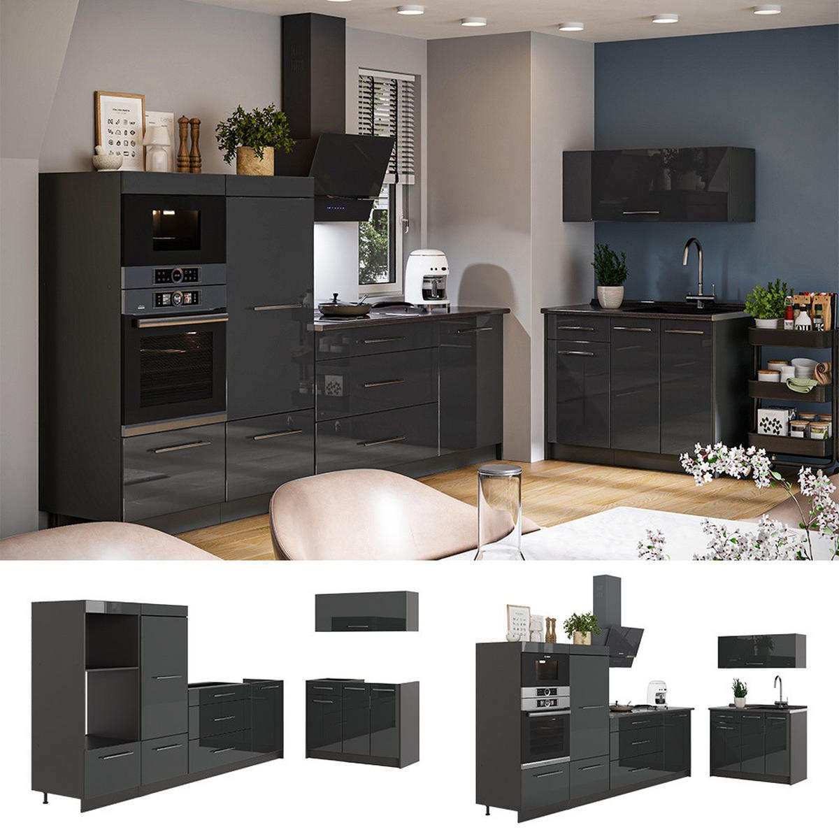 KUCHYNĚ Fame-Line, Antracitový vysoký lesk/Antracit, 380 cm, PD Dub - antracitová, kompozitní dřevo (380/153.6/60cm) - Vicco