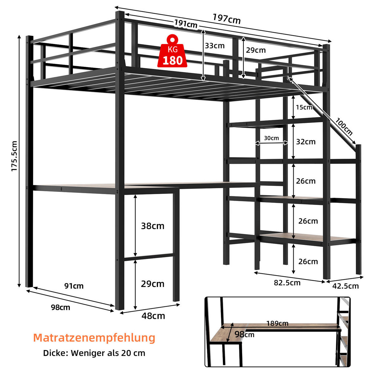 HOCHBETT 90/190 cm aus Eisen mit L-förmigem Schreibtisch und Stauraumtreppe Schwarz - Schwarz, Metall (90/190cm) - Modenvie
