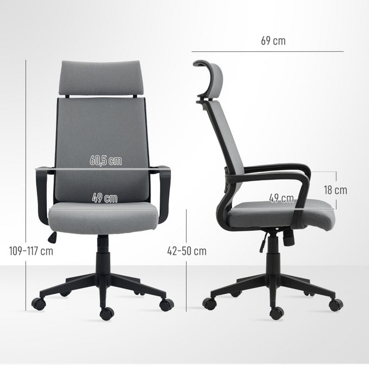 DREHSTUHL 60,5/69/109-117 cm, ergonomisch gepolstert, dunkelgrau - Dunkelgrau, Kunststoff (60.5/117/69cm) - Redom