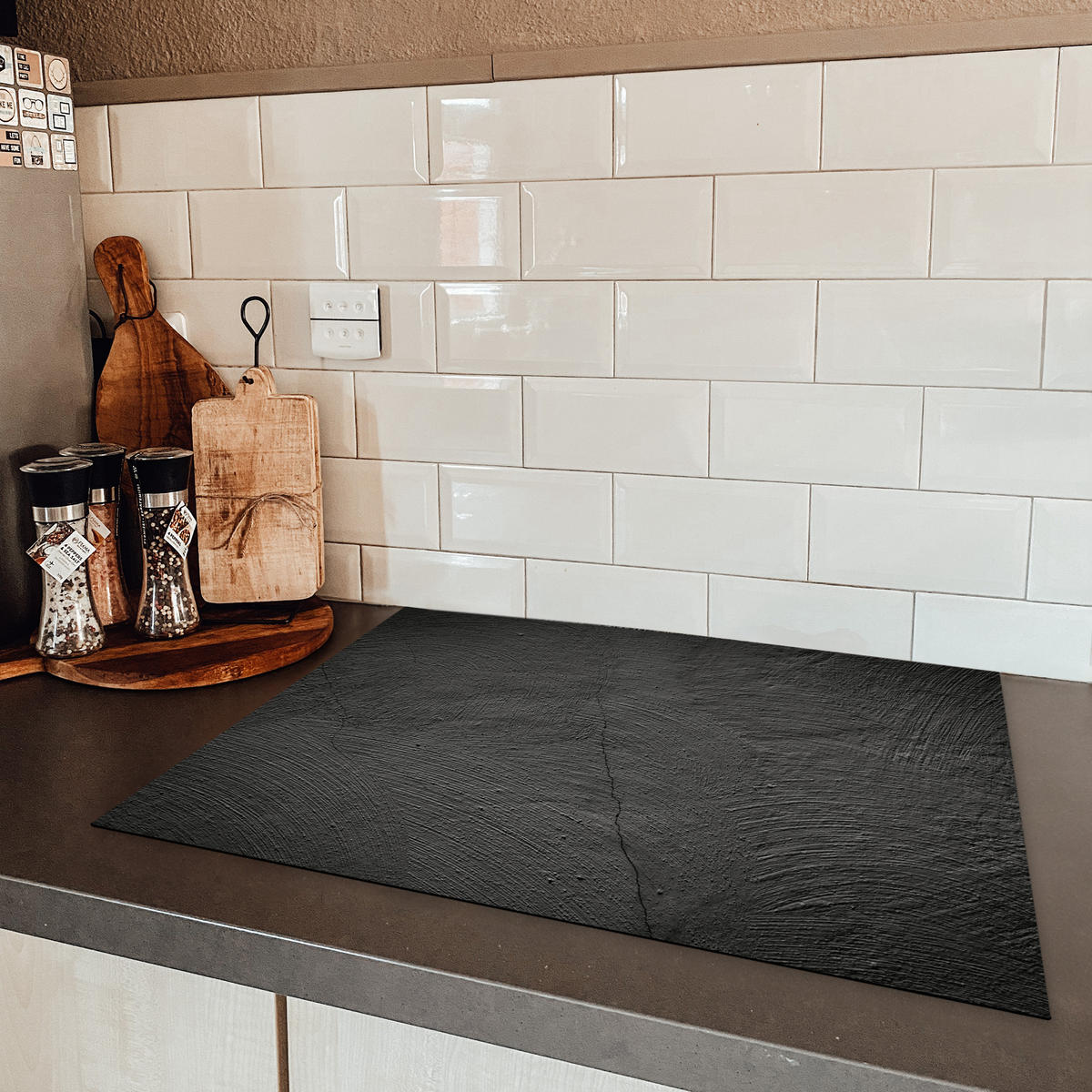 HERDABDECKPLATTE Beton - Schwarz - Industriell Herdabdeckung Induktionsfeld 70x52 cm - Anthrazit, Kunststoff (70/52/0.2cm) - MuchoWow