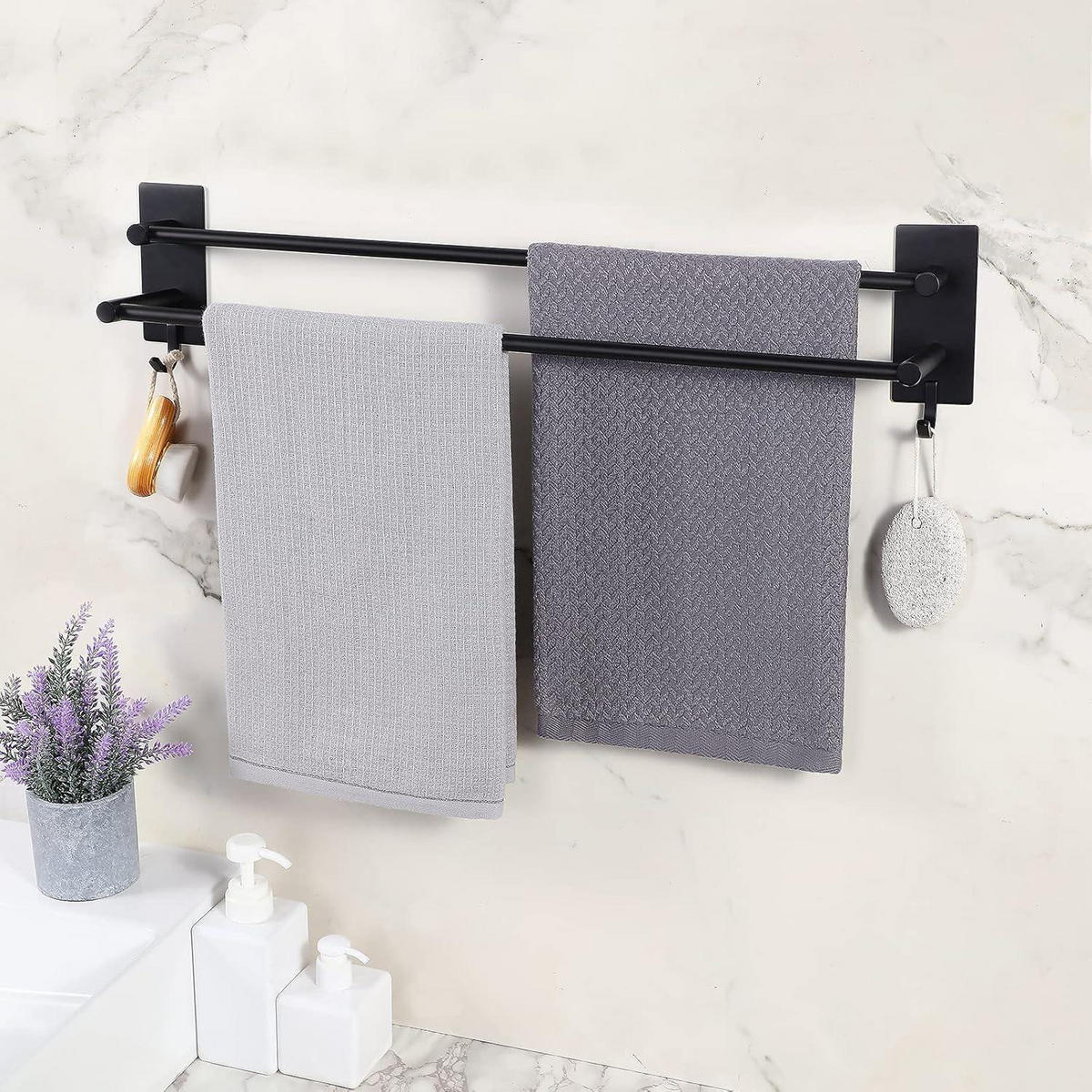HANDTUCHHALTER doppelt selbstklebend Edelstahl schwarz 60 cm - Schwarz, Metall (12/10/63.5cm)