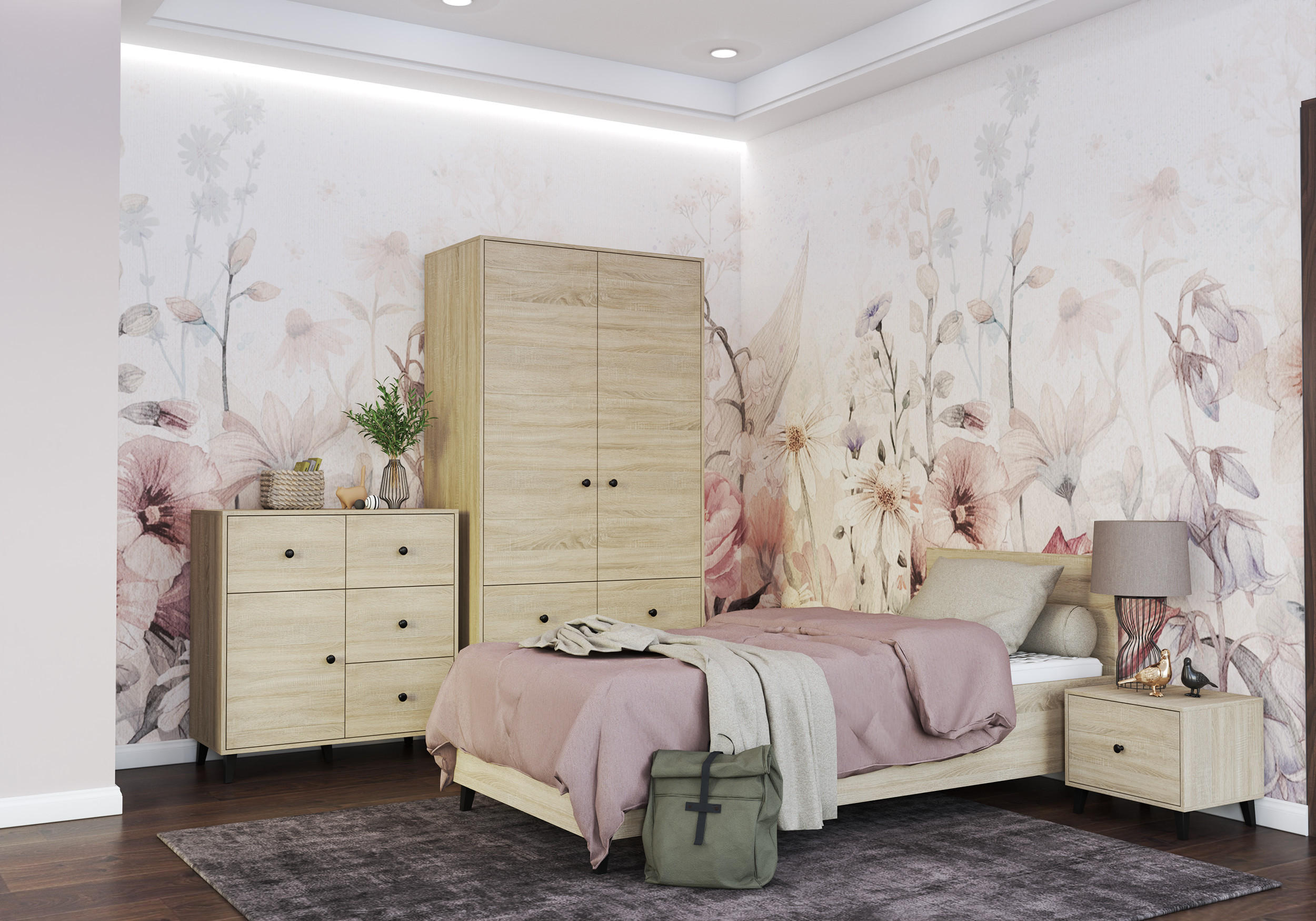 JUGENDZIMMER Mavaro in Sonoma Eiche mit Schwarz 4 teilig – Kinderzimmer Komplettset, mit kleinem Kleiderschrank, Kommode, Bett und Nachttisch - Braun, Holzwerkstoff (80/200/120cm)