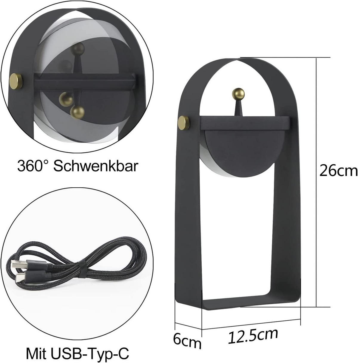 LED stolní lampa Abich 12,5/6/6,5 cm - černá, kov (12.5/6/6.5cm) - Nettlife