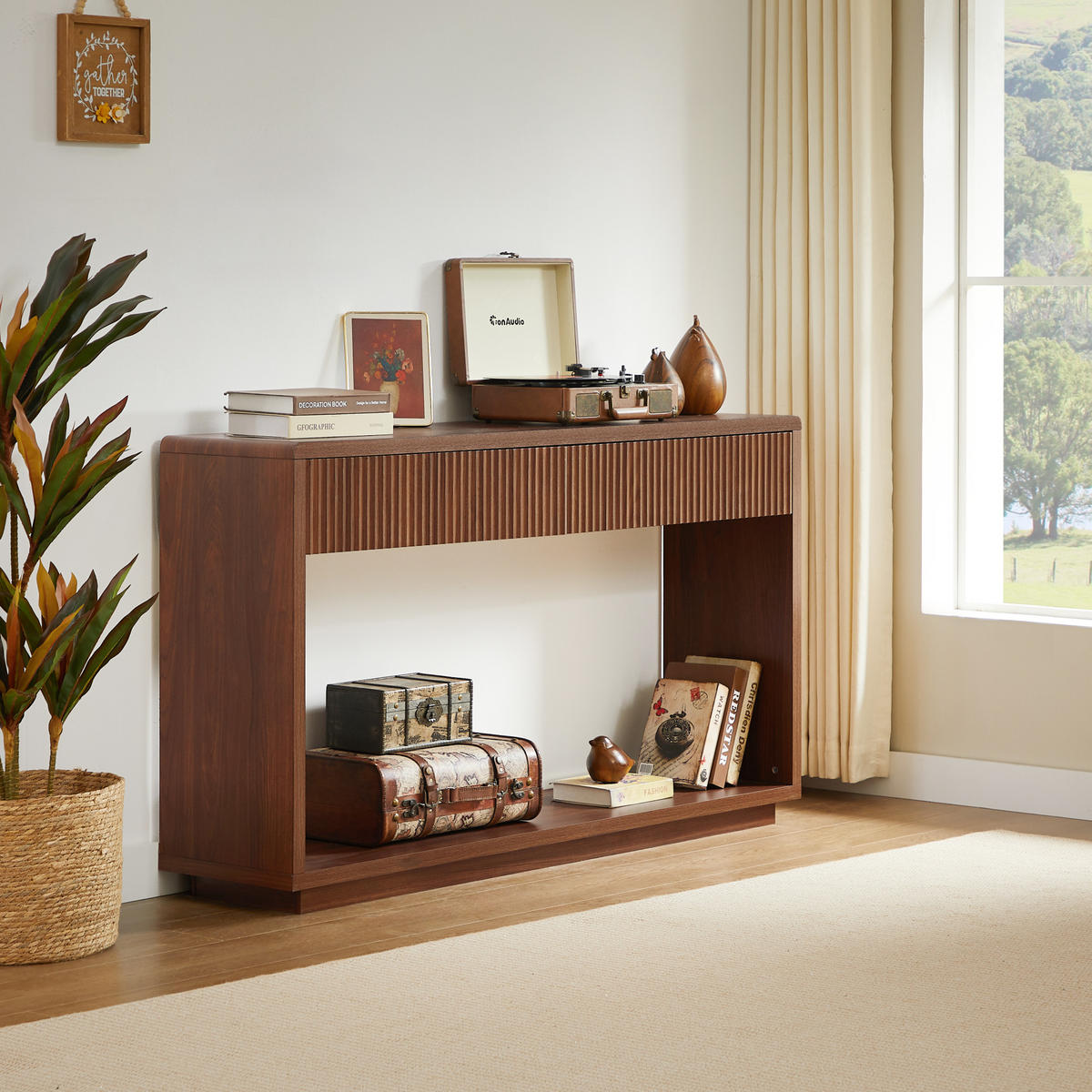 KONSOLENTISCH aus Spanplatte und MDF 150x35x85 cm Nussbaum mit 2 Schubladen und offenem Ablagefach - Walnussfarben, Holzwerkstoff (150/35/85cm) - IVMEU