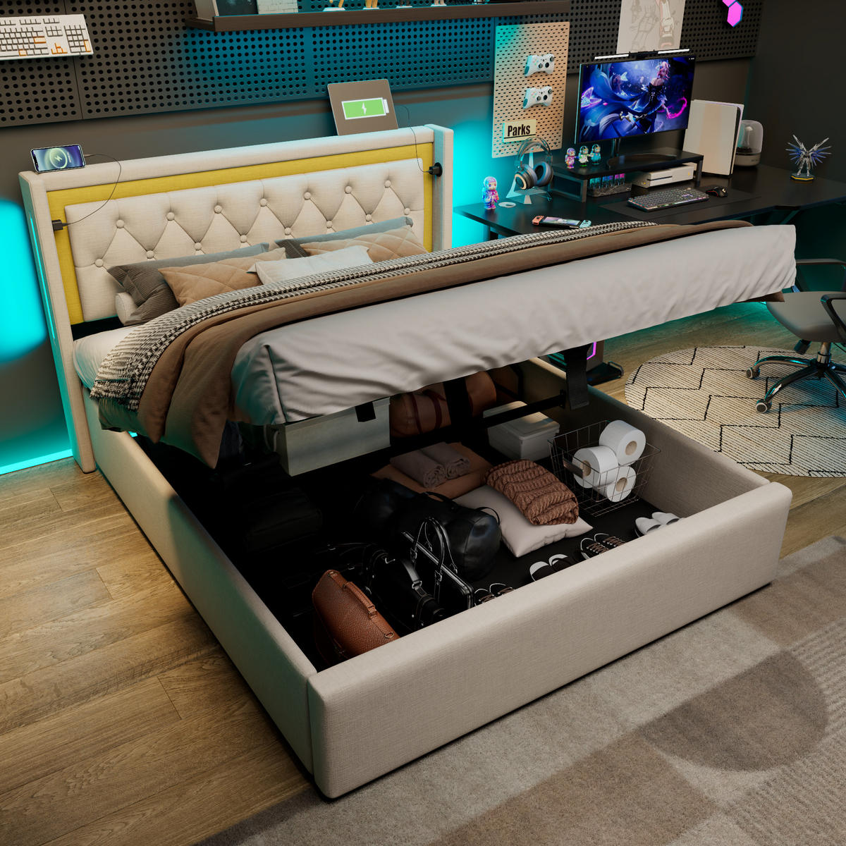 POLSTERBETT 140/200 cm mit LED, Bettkasten (Gasdruck), USB & Typ-C, Lattenrost inklusive,Beige - Beige, Textil (140/200cm) - Redom