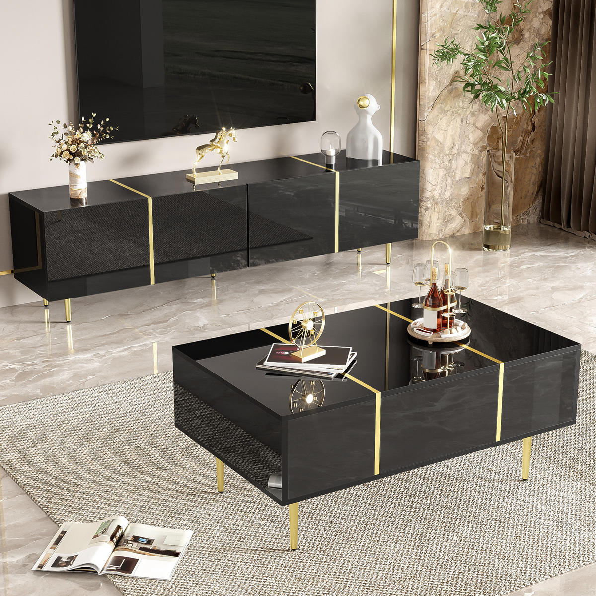 TV-RACK 2-tlg 170cm Couchtisch Set Hochglanz-Schwarz mit Gold-Akzenten - Schwarz, Holz (43.18/21.84/96.52cm) - Raelunyi