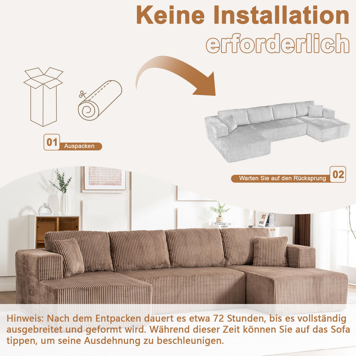 WOHNLANDSCHAFT Cord Braun mit Kissen - Braun, Textil (332/88/156cm) - WISHDOR