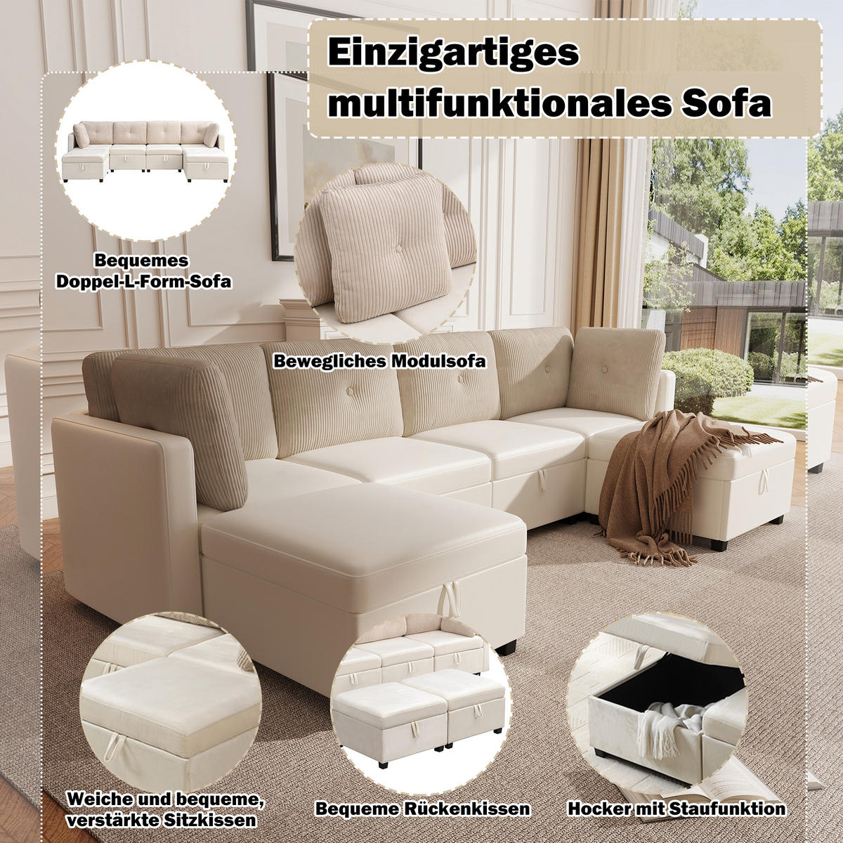 WOHNLANDSCHAFT Samt und Cord Beige mit Stauraum - Beige, Holzwerkstoff/Kunststoff (261/85/132.5cm) - WISHDOR