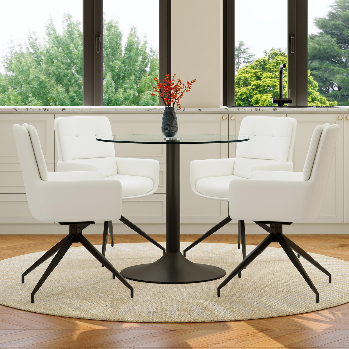 ESSGRUPPE DE-39489 5-teilig, Glastisch und 4 Drehstühlen Weiß - Weiß, Metall (85/75/85cm) - ComfortXL