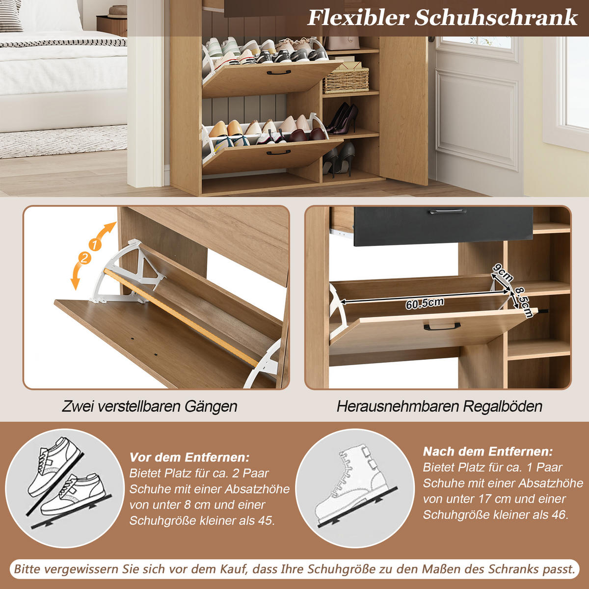 SCHUHSCHRANK 100×35×106cm Naturholz Schwarz mit 2 Klappen - Schwarz/Naturfarben, Holzwerkstoff (100/106/35cm) - FLIEKS