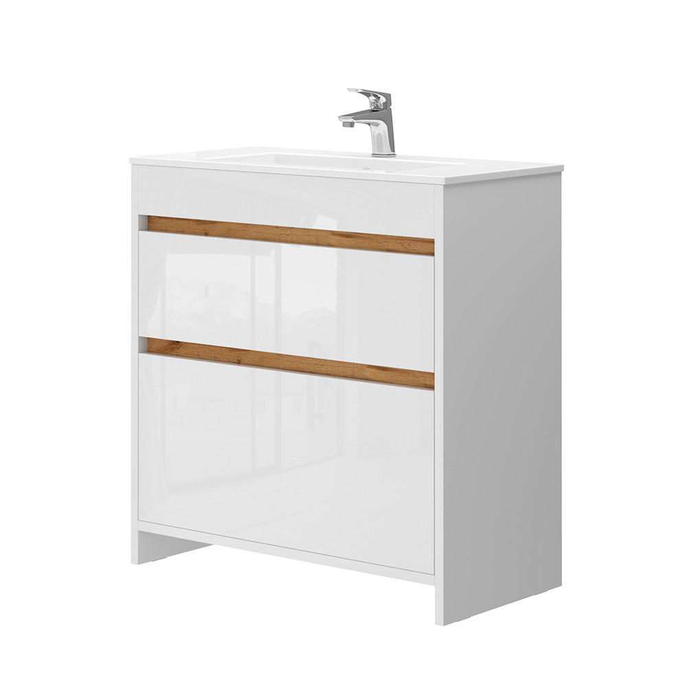 BADRUMSMÖBELSET Detmold Vit högblank/Goldkraft ek 2 delar, underskåp 80 cm Vit högglans, Honungsek 81.9/79.8/40 cm