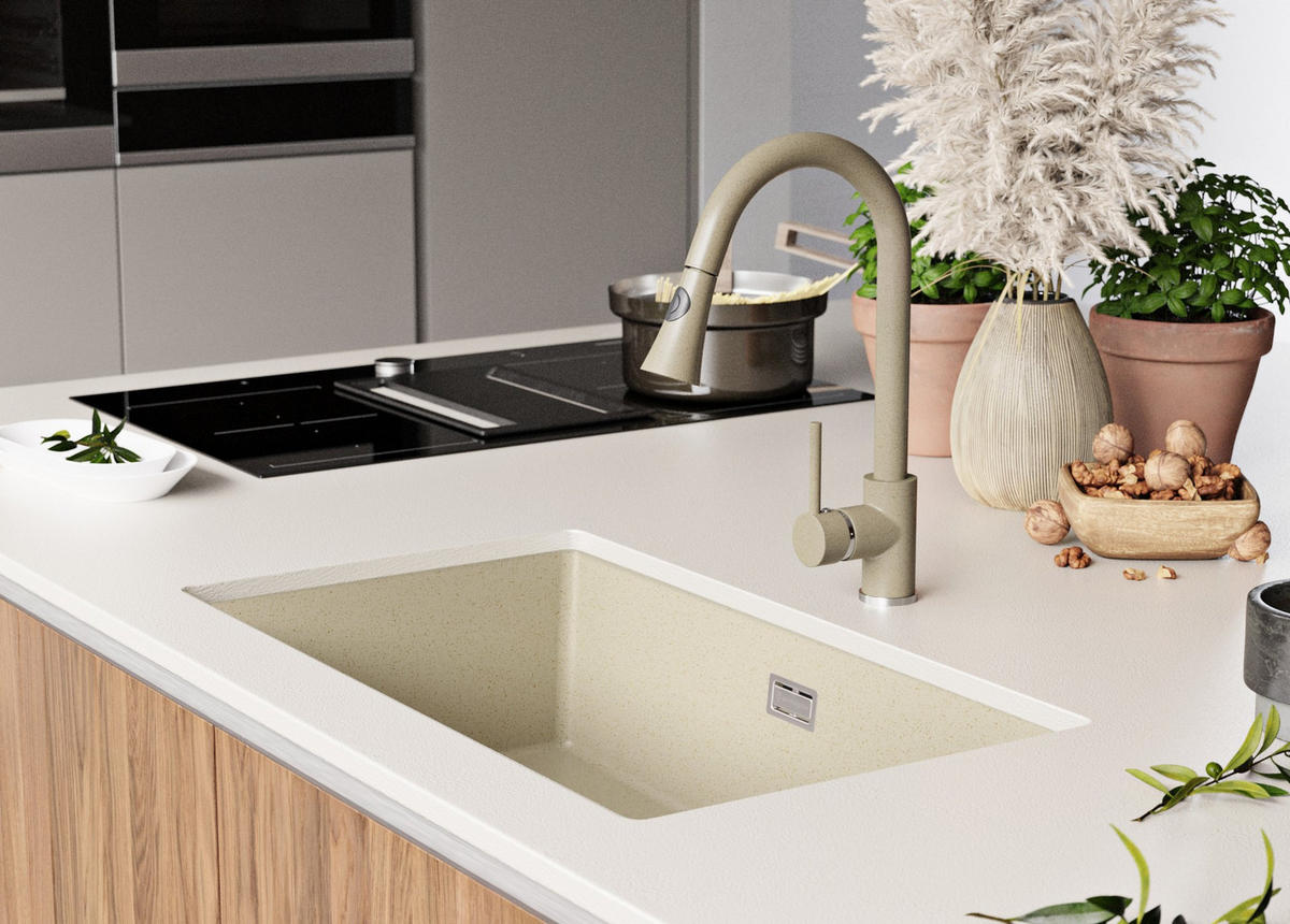 UNTERBAUSPÜLE GRANIT London, 2-er set Beige 76/47 cm 1 Becken + Küchenarmatur 40/20 cm + Ablauf-Set ab 80er Unterschrank - Beige, Kunststoff (76/20/47cm) - Primagran