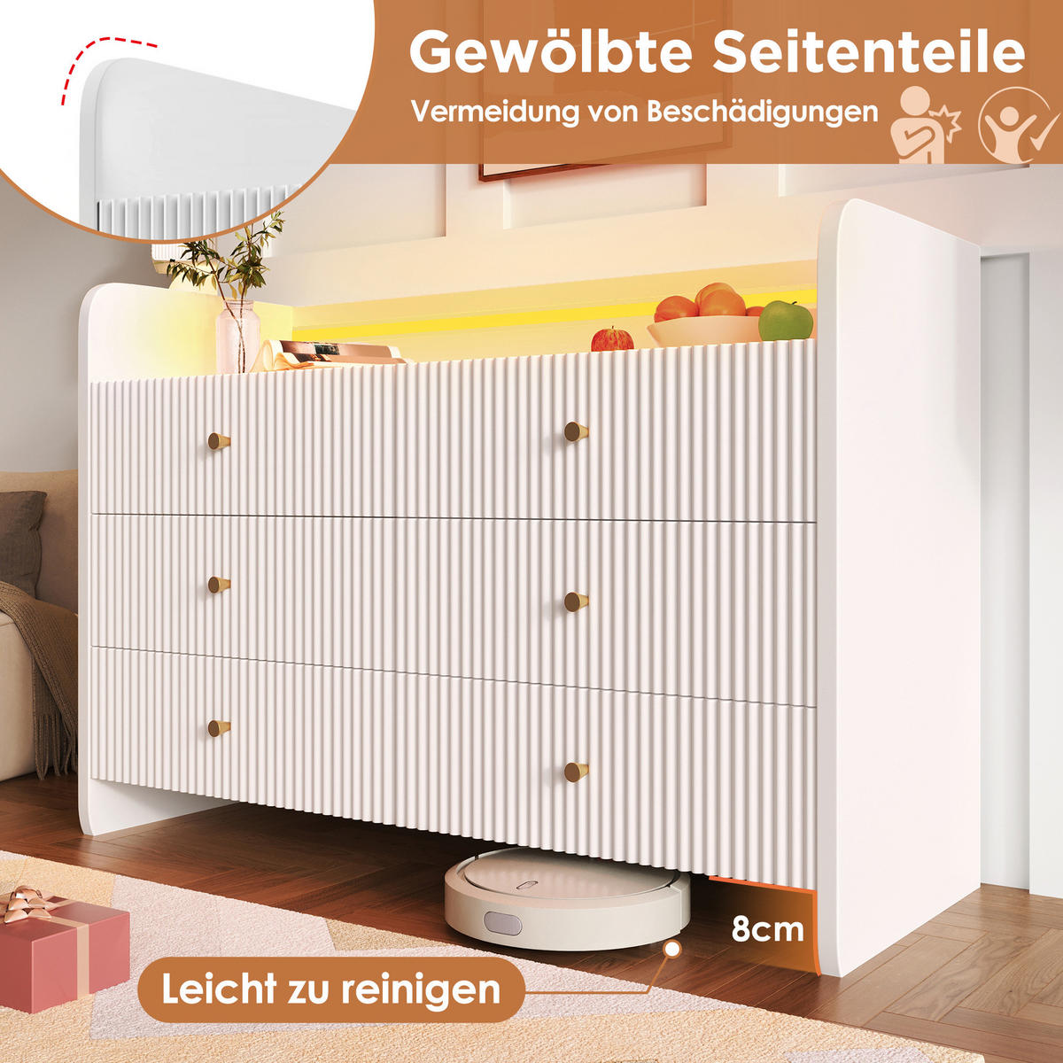 SIDEBOARD aus Spanplatte und Metall 40x120x75 cm Weiß mit LED-Beleuchtung und 6 Schubladen - Weiß, Holzwerkstoff (120/75/40cm) - IVMEU