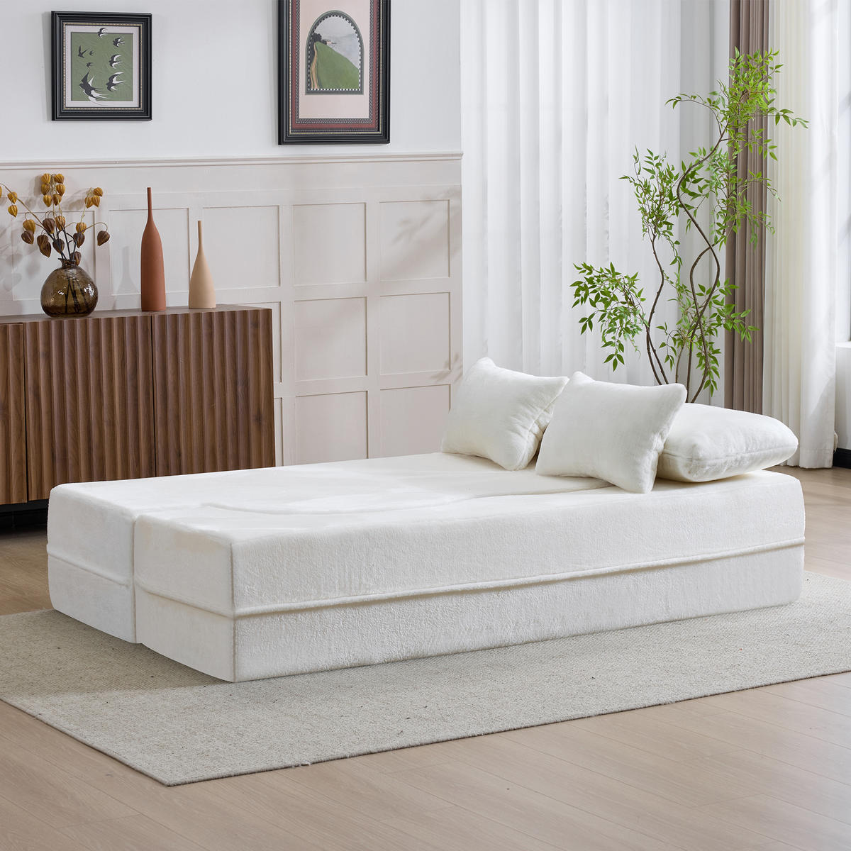 2-SITZER SCHLAFSOFA Flanell Weiß klappbar mit Kissen - Weiß, Textil (198/76/120cm) - WISHDOR