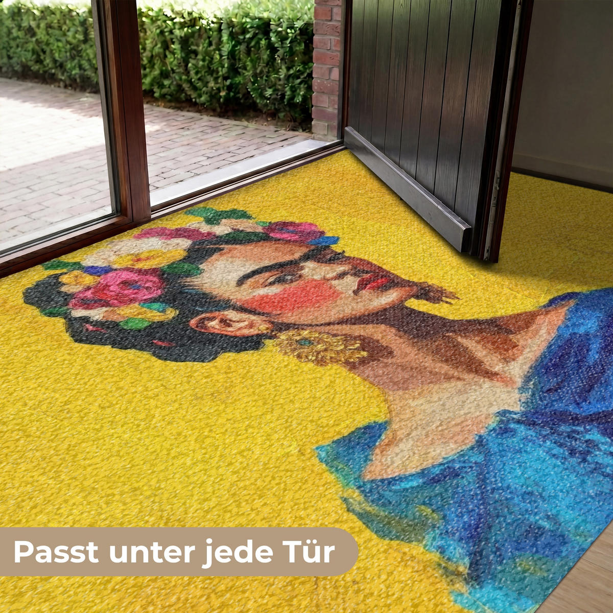 FUSSMATTE Frida Kahlo - Frau - Gelb - Blau - Blumen Schmutzfangmatte 180x120 cm - Gelb, Kunststoff (180/120cm) - MuchoWow