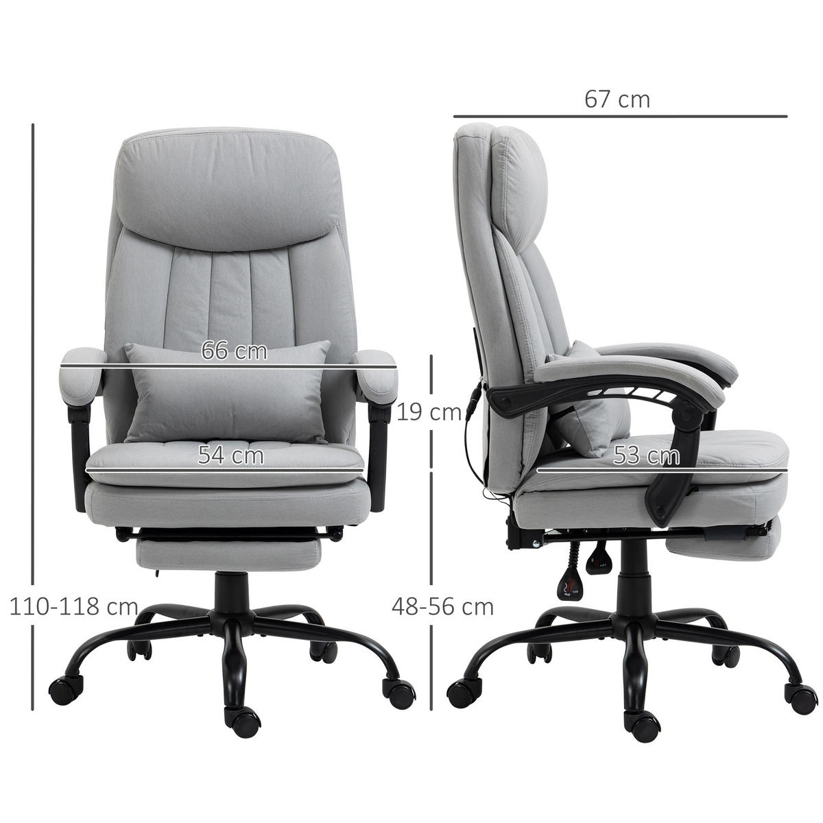 MASSAGE-BÜROSTUHL, Polyester, Stahl, Grau - Grau, Kunststoff/Metall (67/118/66cm) - Vinsetto