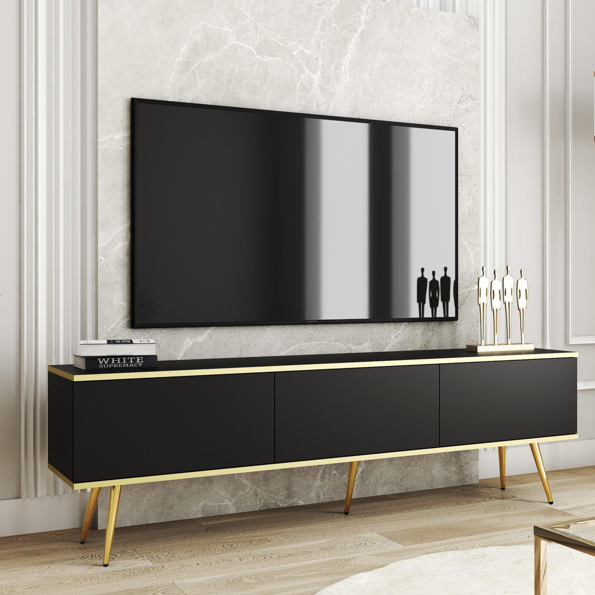 TV-LOWBOARD FORNO (Schwarz, Goldene Details, 3 Türen, goldene Metallfüße, 175 cm) - Gelb/Goldfarben, Holz/Holzwerkstoff (175/53/32cm) - Ravio