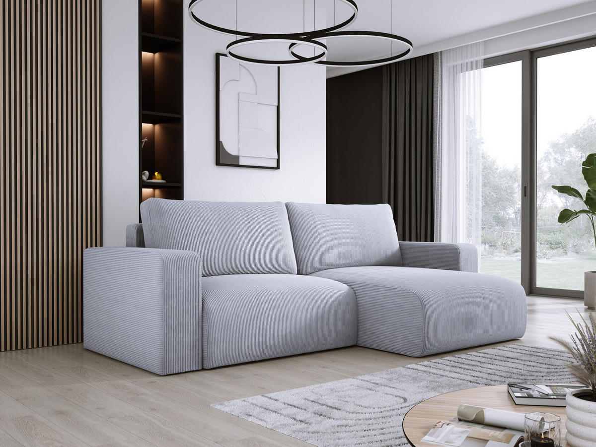 ECKSOFA Carl L-förmig Schlaffunktion und Bettkasten weicher Cordstoff flexibel stellbar lose Rückenkissen freistehend RECHTS 247x143x83cm Silver - Silberfarben, Holz/Textil (247/143cm) - DomoHome