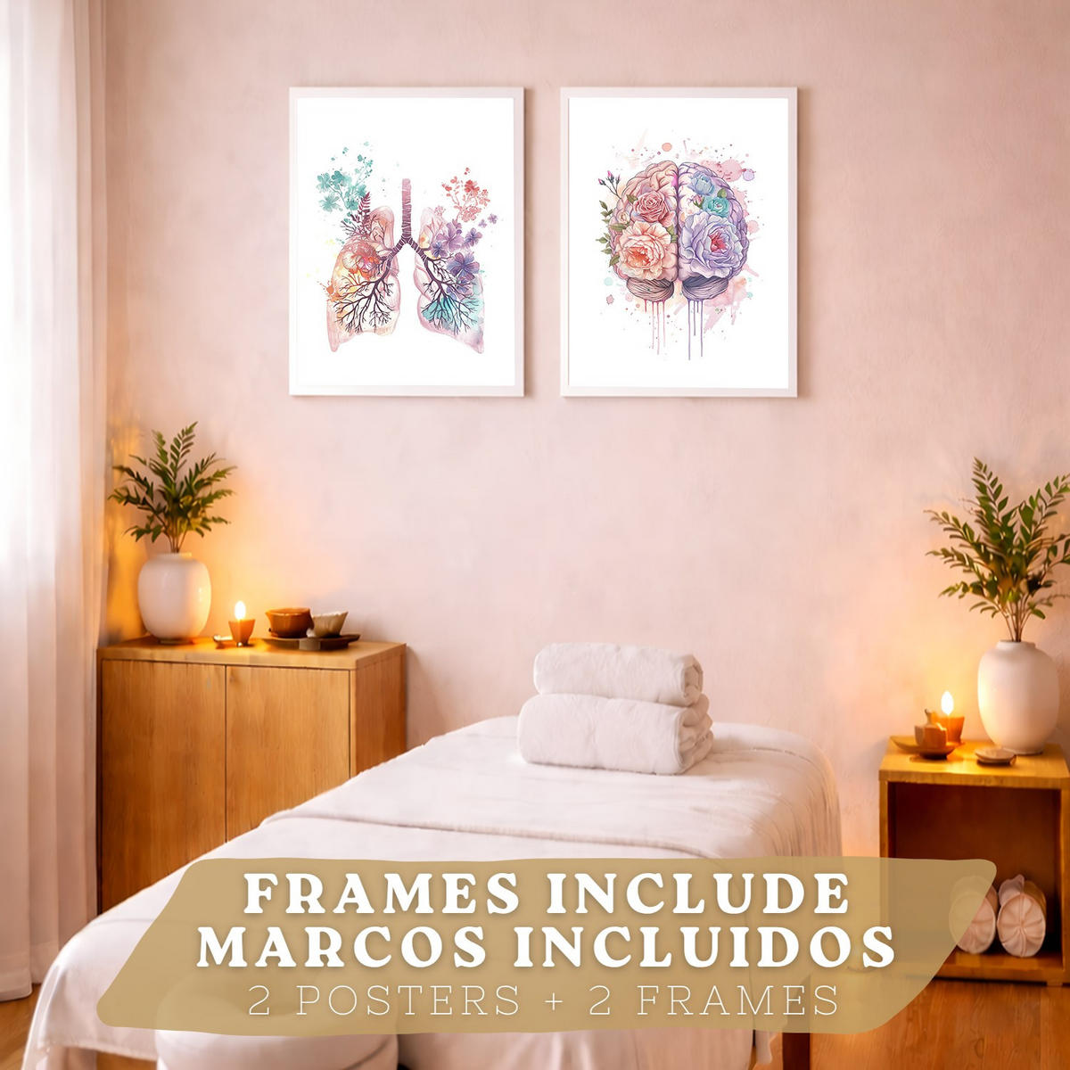 POSTER Set aus 2 Anatomie Mensch Drucke und mit Lungen Luftröhre Bronchien und Gehirn Pastellfarbenes Florales Aquarell Größe Weißer Rahmen A4 - Weiß, Papier (21/29.7/3cm) - Nacnic