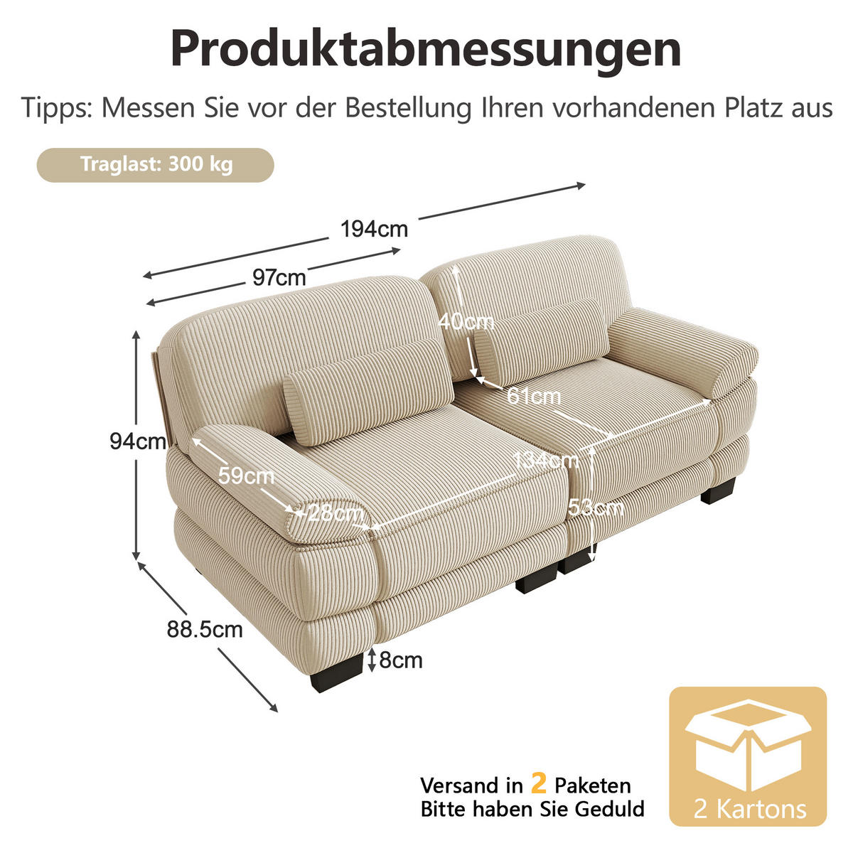 2-SITZER-SOFA modular mit Lendenkissen, DE-42659, Beige - Beige, Holz (194/94/88.5cm) - ComfortXL