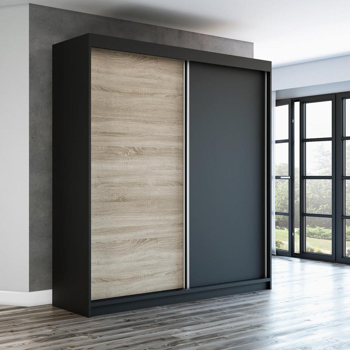 SCHWEBETÜRENSCHRANK 180 CM PAX Farbe: Schwarz / sonoma / schwarz - Schwarz/Braun, Holzwerkstoff (180/215/59.5cm) - A&J MöbelLand