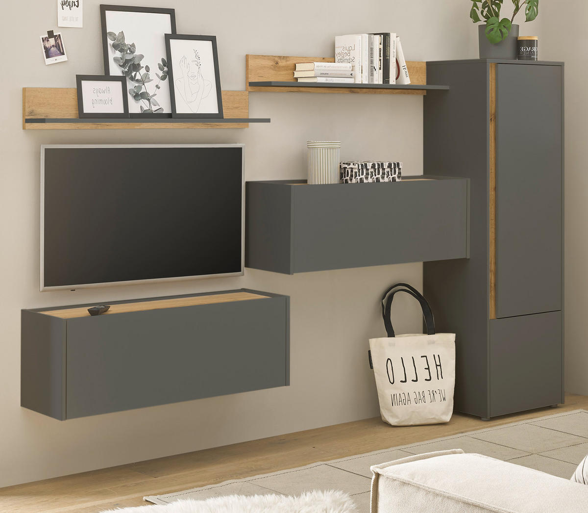 WOHNWAND grau matt, Eiche Wotan 5-teilig 250 cm, Wohnkombination mit Sekretär - Grau, Holzwerkstoff/Kunststoff (250/158/40cm) - Furn.Design