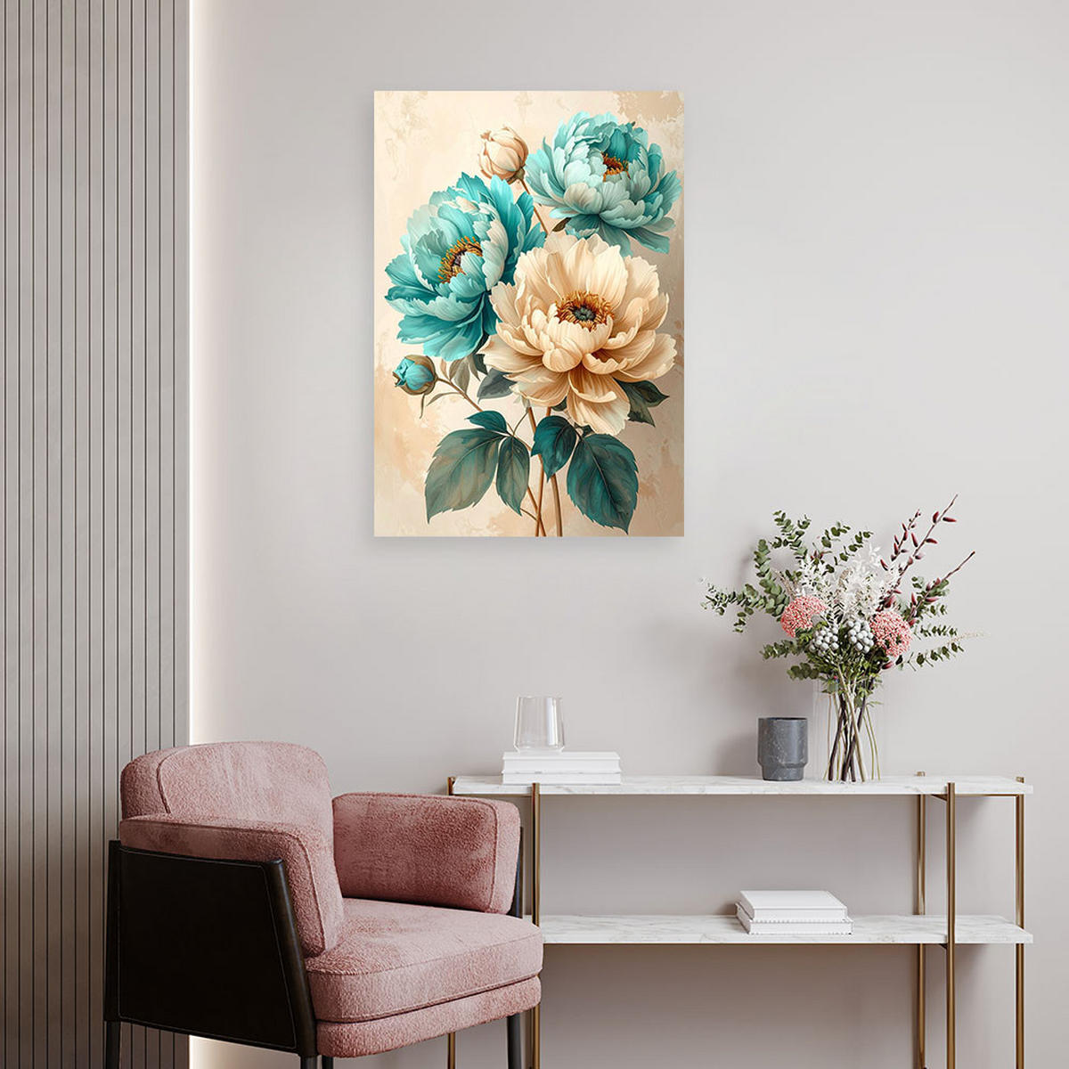 WANDBILD, Türkisfarbene und cremefarbene Blumen in einem eleganten Strauß - Beige, Textil (30/45cm) - Feeby