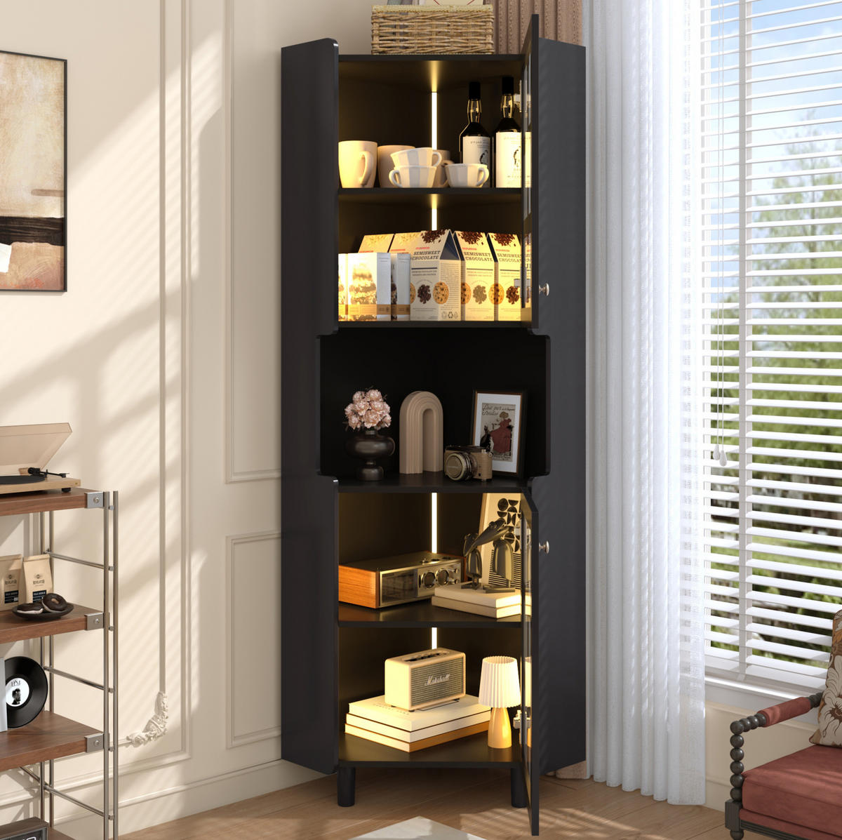 LED-ECKSPEICHERSCHRANK 63.5x17x157.5 cm Schwarz aus Spanplatte mit App-LED & 3-Zonen-Storage - Schwarz, Holzwerkstoff (63.5/157.5/17cm) - Modfu