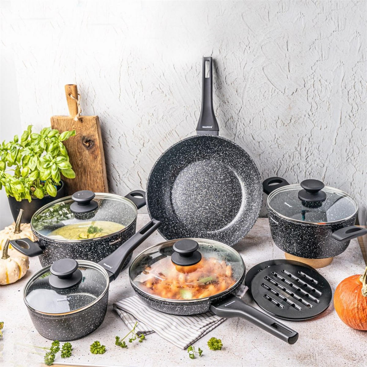 TOPFSET mit marmorierter Antihaftbeschichtung 12-teilig KB7657 - Schwarz, Metall - Klausberg 