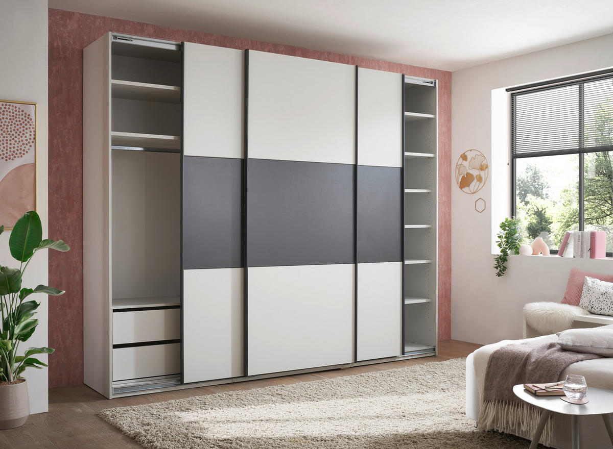 SCHWEBETÜRENSCHRANK Metrino in Hellgrau und Graphit – Kleiderschrank, Stauraum mit Softclose und Hoteleinteilung - Weiß, Holzwerkstoff (270/225/62cm) - Schlafkontor GmbH & Co. KG