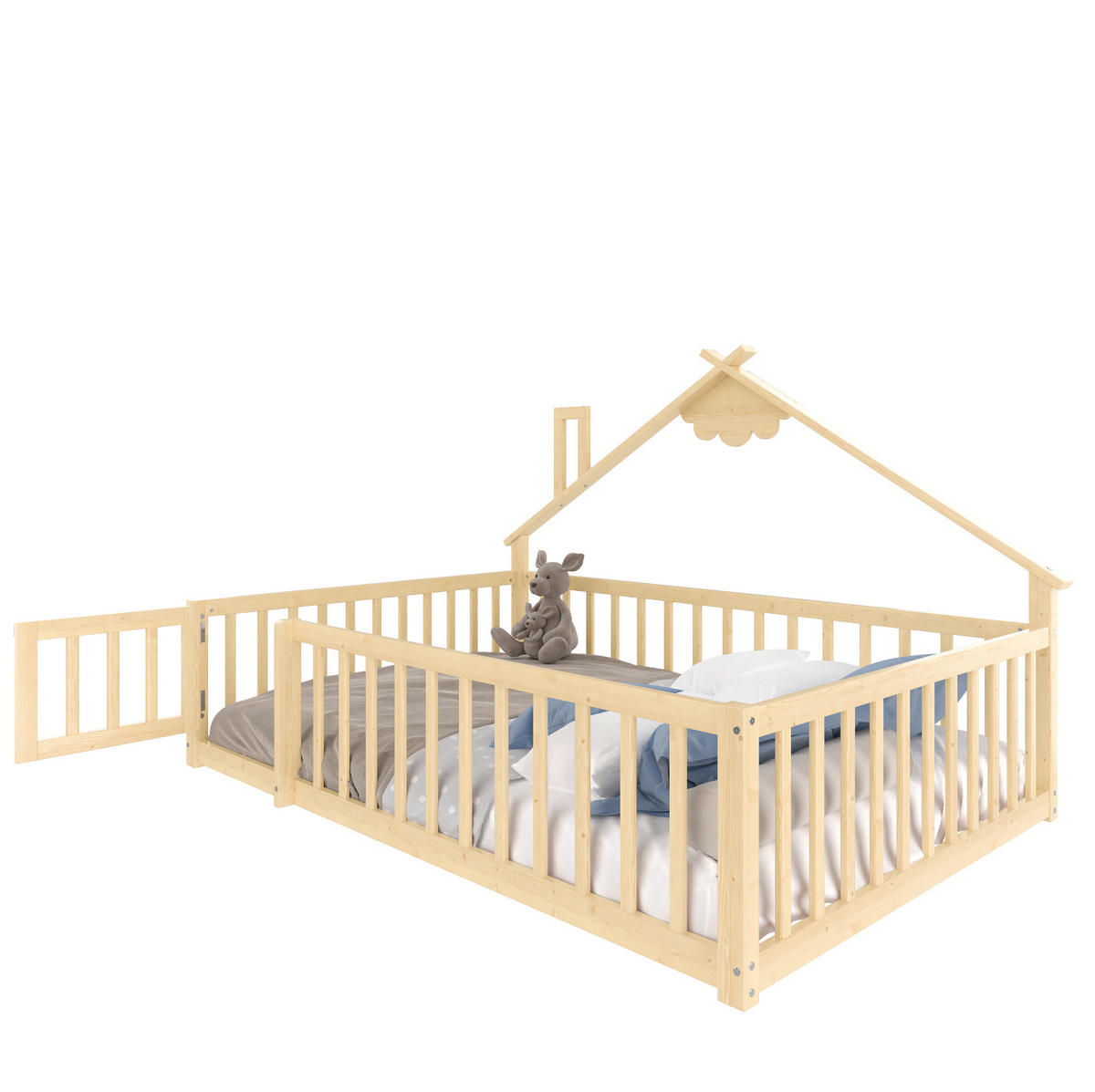 KINDERBETT Hausbett 140/190 cm aus Kiefernholz in Natur mit Sicherheitsgeländer - Naturfarben, Holz (140/190cm) - BEAOK