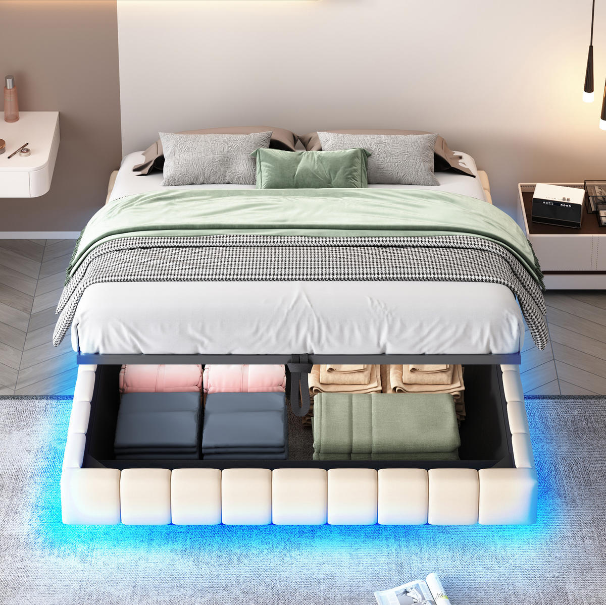 POLSTERBETT mit Bettkasten 160/200 cm mit LED-Beleuchtung, schwebende Optik - Beige, Textil (160/200cm) - BEAOK