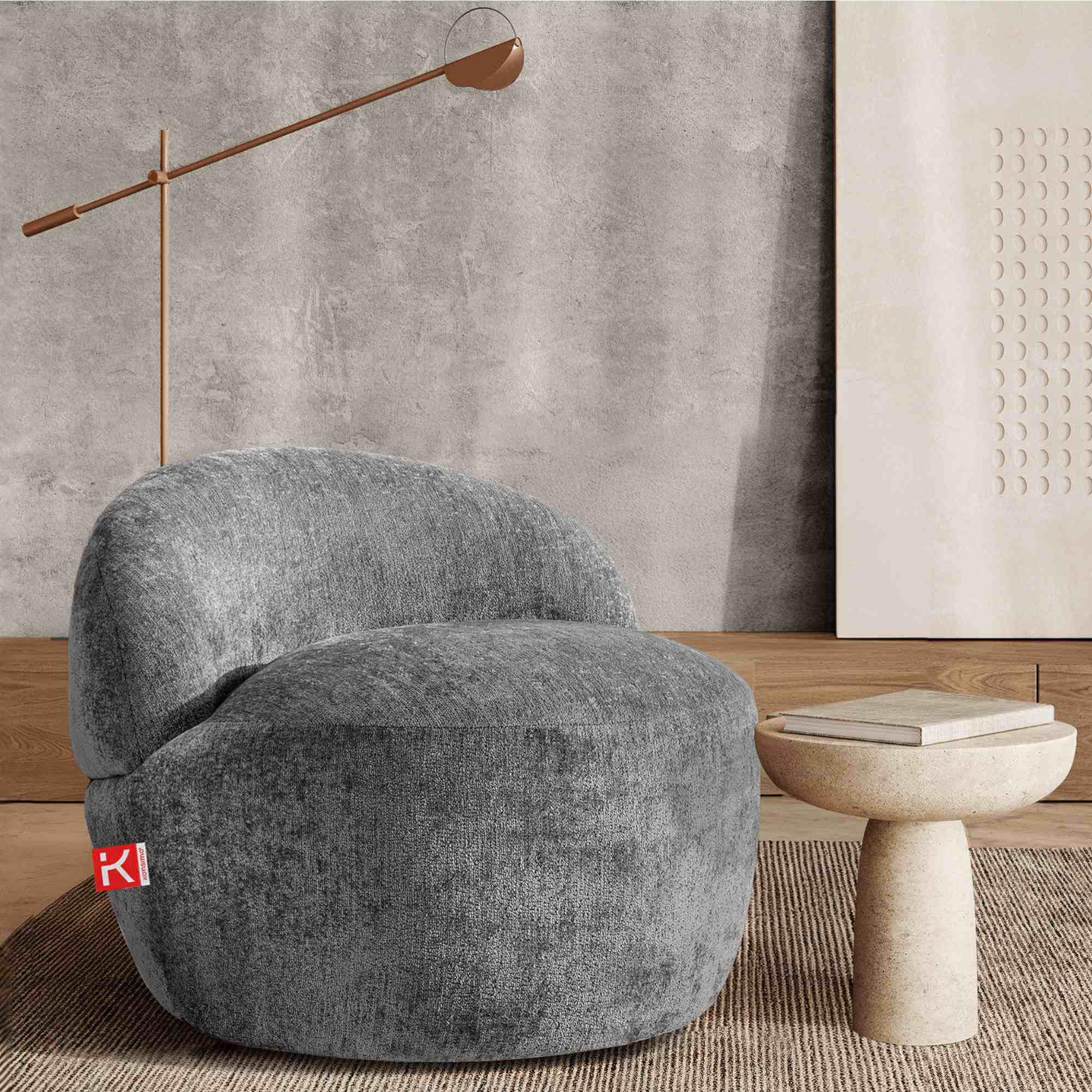 SESSEL NELUM Chenille-Stoff, rund, Grau - Schwarz/Grau, Holz/Holzwerkstoff (76/64/76cm) - KONSIMO®