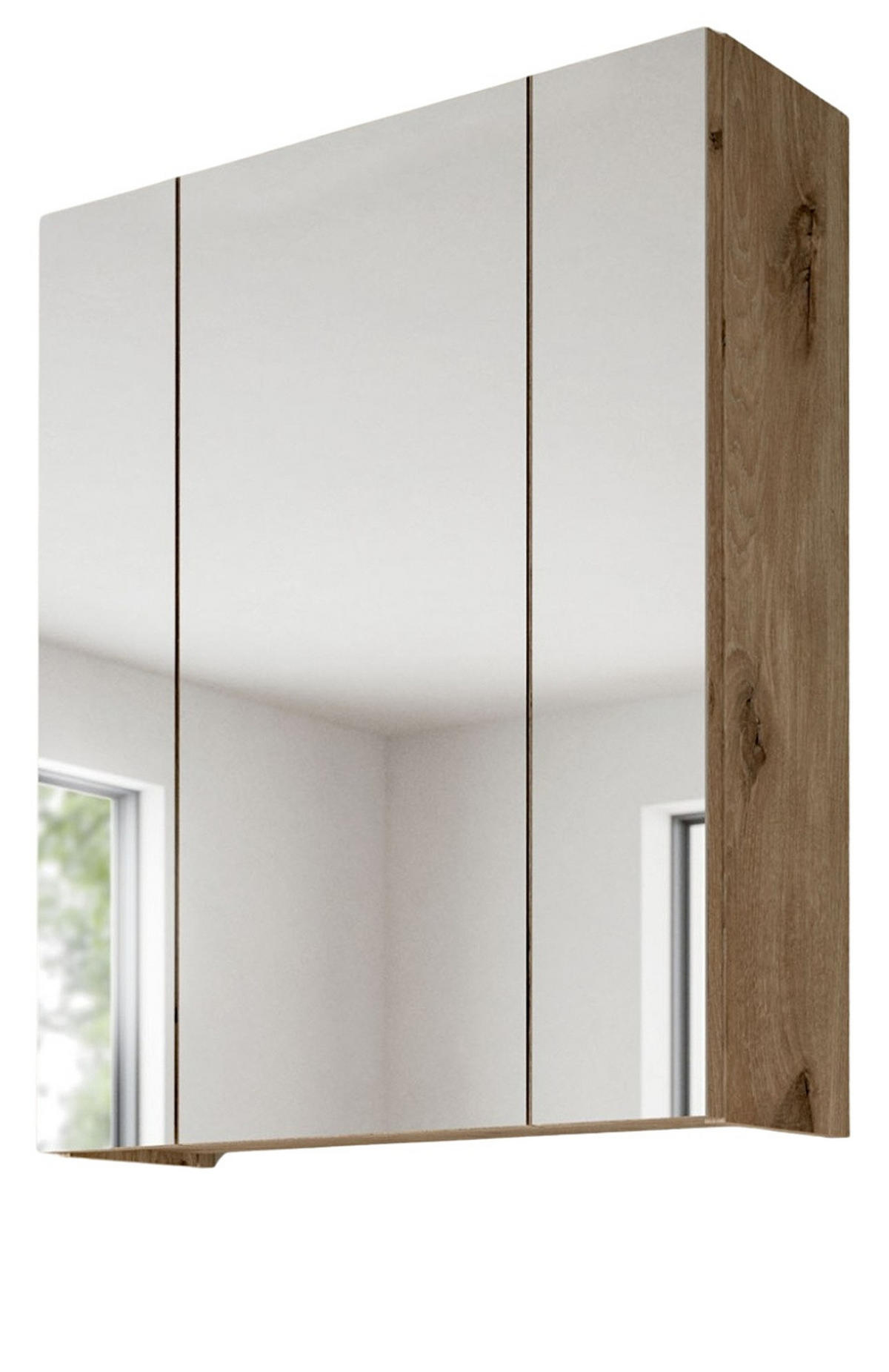 SPIEGELSCHRANK Eiche Nox, Badschrank Spiegel 3-türig / 3D, 9 Fächer 60 x 70 cm - Eichefarben, Glas/Holzwerkstoff (60/70/18cm) - Inn.Furn