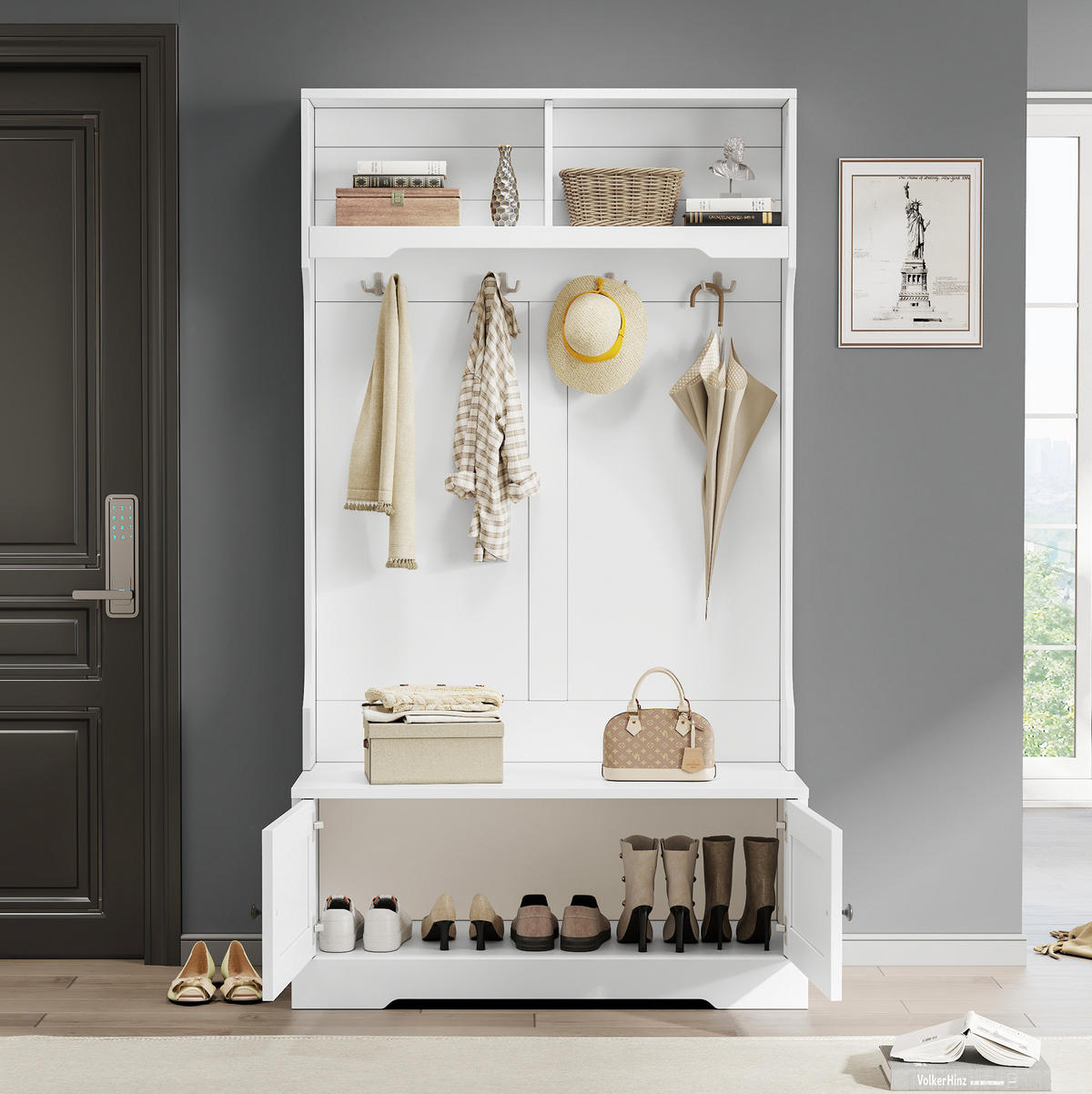 SCHUHSCHRANK aus Spanplatte 101,5x183cm in Weiß mit Sitzbank - Weiß, Holzwerkstoff (101.5/183/47cm) - Modfu