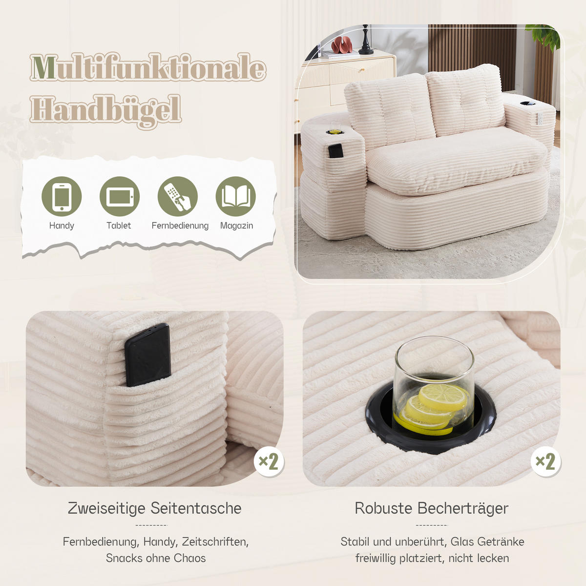 SCHLAFSOFA 2-in-1 Cordstoff Liegefunktion - Beige, Textil (165/61/97cm) - Urban Meuble