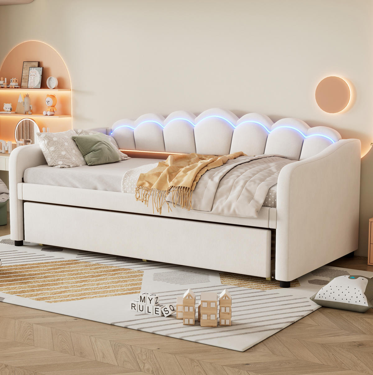 TAGESBETT 90/200 cm Beige mit ausziehbarem Bett und LED-Beleuchtung aus Samt - Beige, Textil (90/200cm) - OKWISH