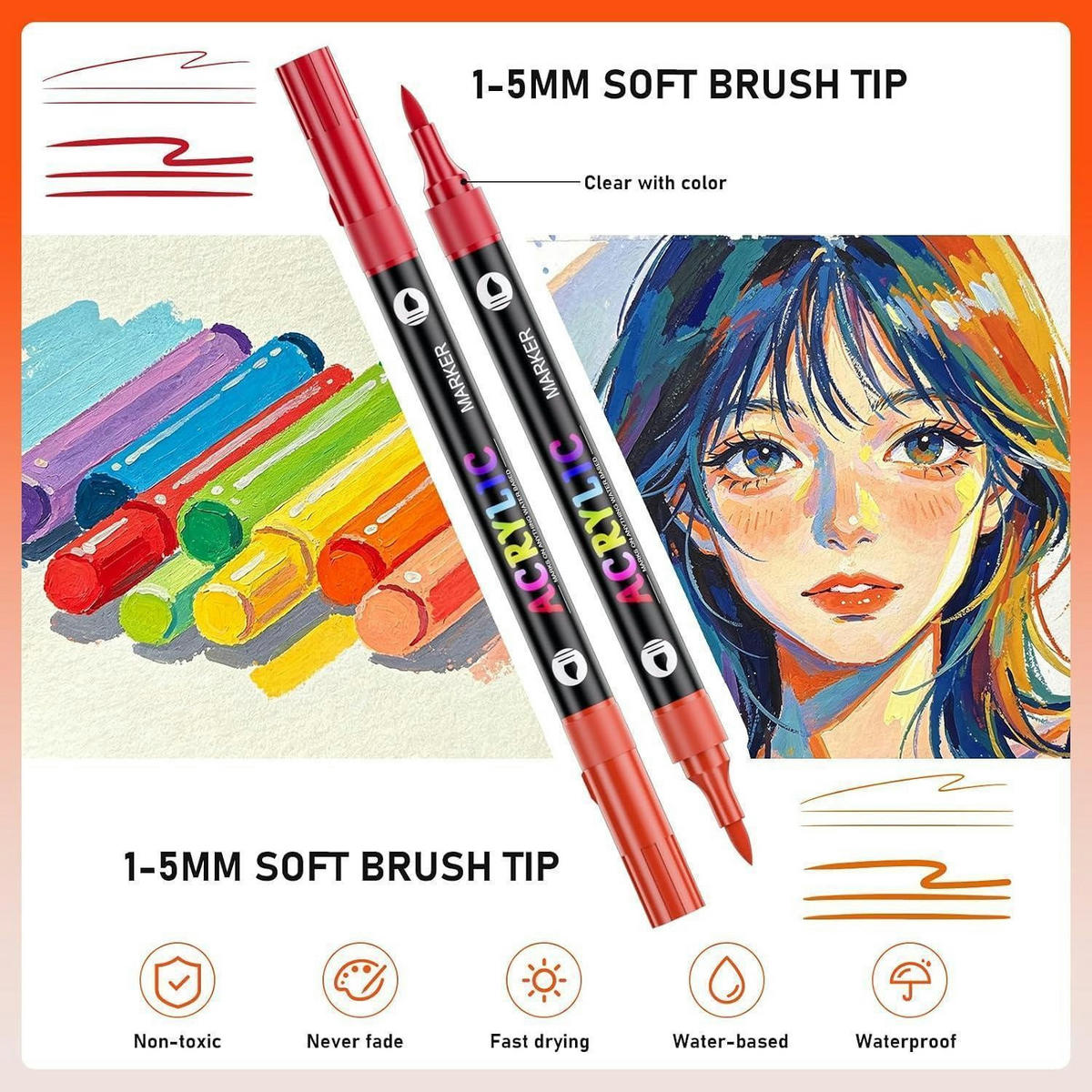 ACRYLSTIFTE Set 72er Pack Dual Tip 144 Farben 1-5 mm Pinselspitze - Multicolor, Kunststoff (1/1/15cm)