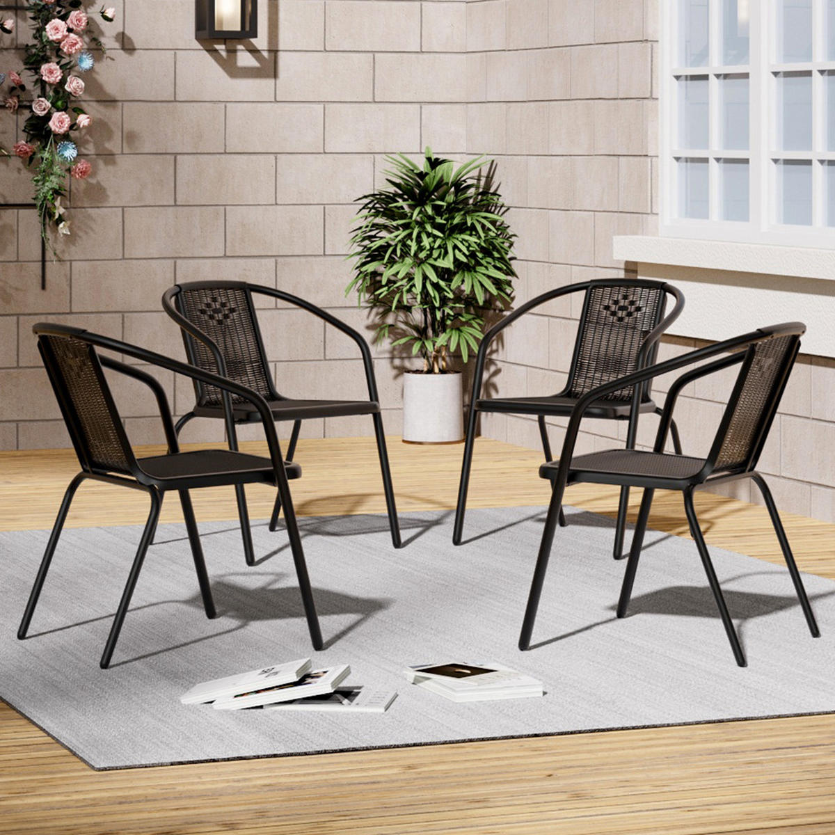 STAPELSTUHL 4er-set (4 Stühle) aus PE-Rattan Metallgestell in Schwarz für Garten Terrase und Balkon - Schwarz, Metall (33/72/42cm) - Livingandhome