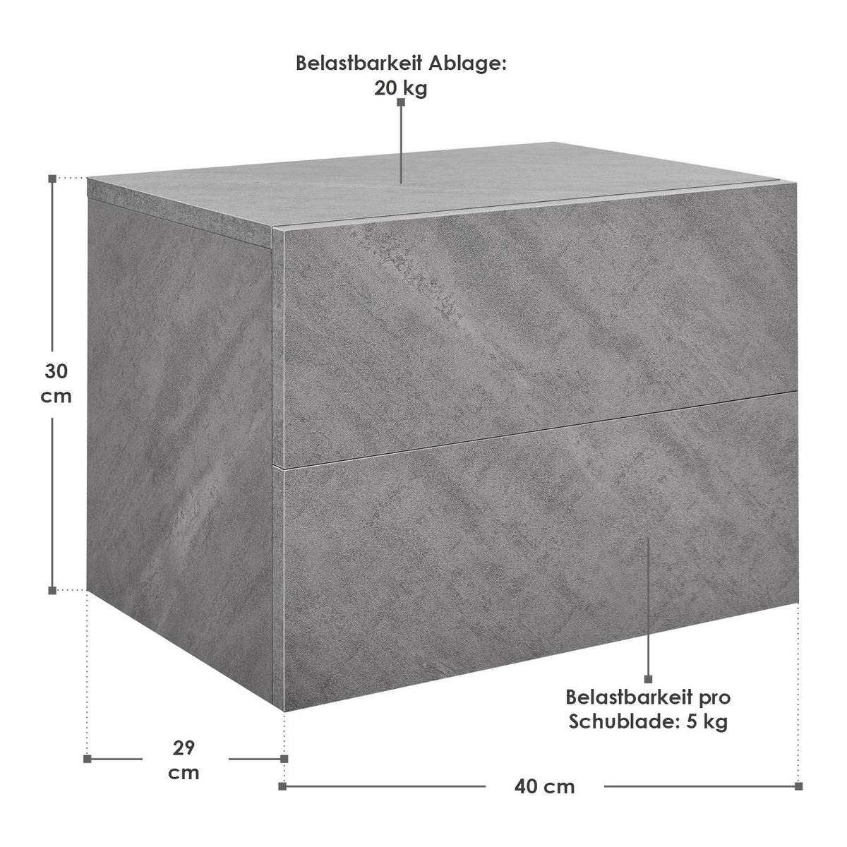 WANDSCHRANK Nachttisch mit 2 Schubladen Betonoptik 40x29x30 cm - Grau, Holz (40/30/29cm) - Juskys