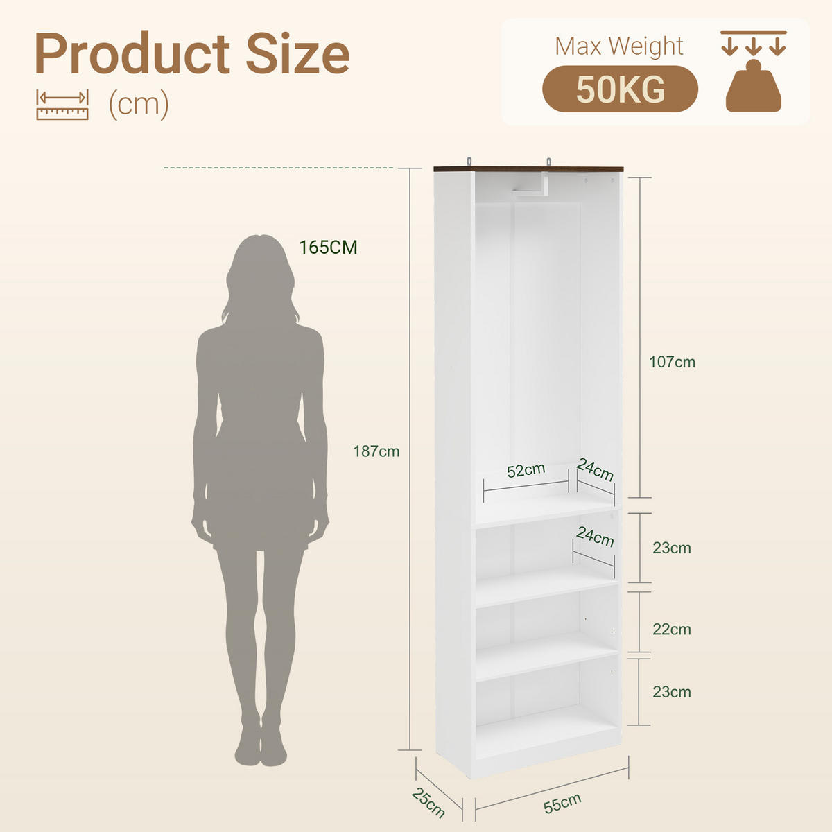 OFFENER Kleiderschrank mit Kleiderstange KSB02-W - Ahornfarben, Fell (55/187/25cm) - SoBuy