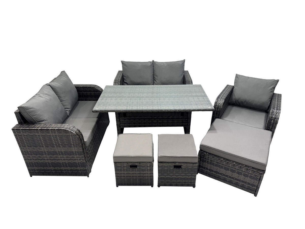 Gartenmöbelset mit Esstisch,Hockern Polyrattan Dunkelgrau 8-Sitzer - Dunkelgrau/Grau, Glas/Kunststoff - Fimous