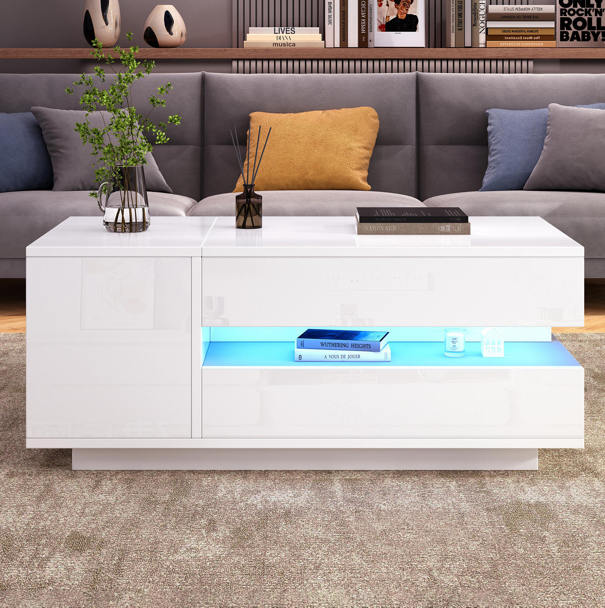 COUCHTISCH aus Spanplatte 95x50x34,5 cm in Weiß mit LED-Beleuchtung - Weiß, Holzwerkstoff (95/50/40cm) - Modfu