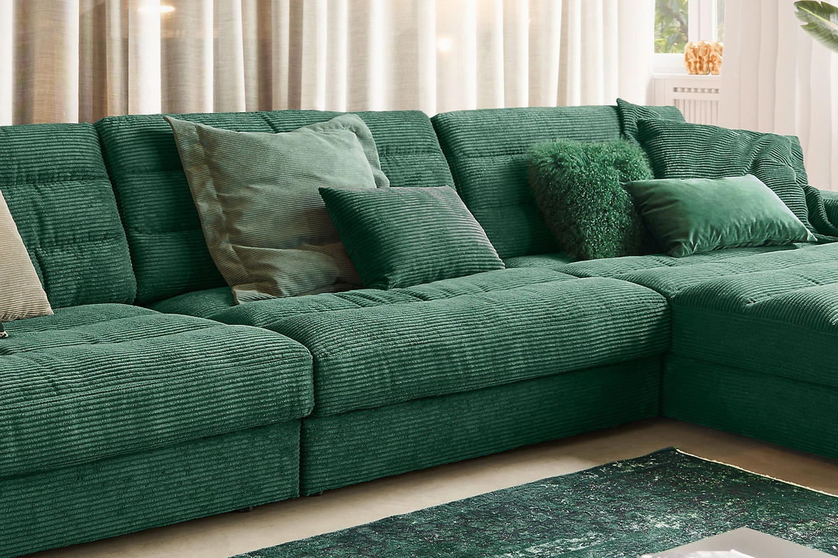 ECKSOFA XL LANA Smaragdgrün Cord - Smaragdgrün/Schwarz, Textil (416/205cm) - KAWOLA