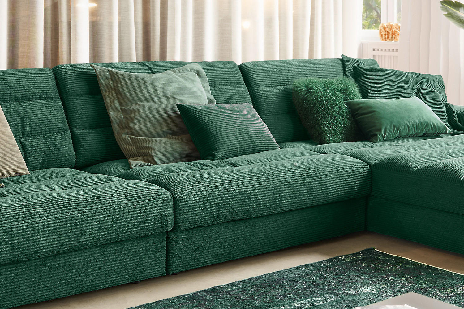 Thumbnail - Kawola Ecksofa, Smaragdgrün, Textil, Echtholz, 4-Sitzer, Füllung: Kaltschaum, Ottomane rechts, L-Form, 416x205 cm, Wohnz...