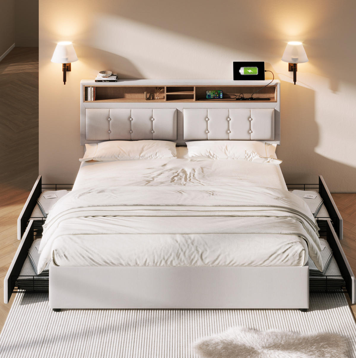 POLSTERBETT mit 4 Schubladen 160x200 cm Leinen Beige mit USB-C - Beige, Metall (160/200cm) - Meubliv