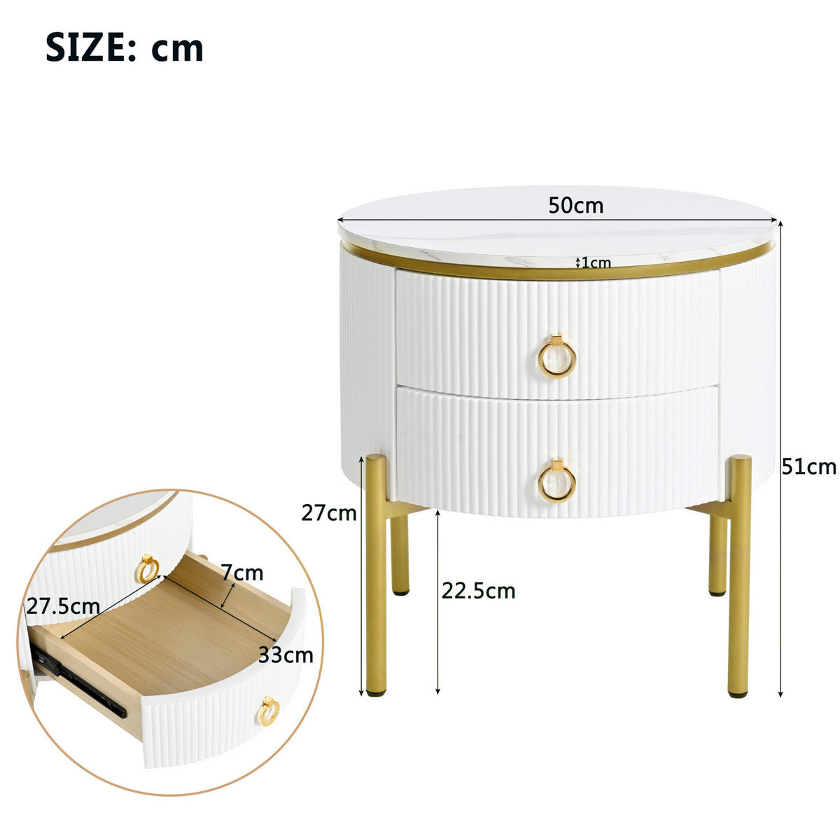 ODKLÁDACÍ stolek 50/51 cm bílý z MDF s mramorovým dekorem a nastavitelnými nohami - bílá, kompozitní dřevo (50/50/51cm) - OKWISH